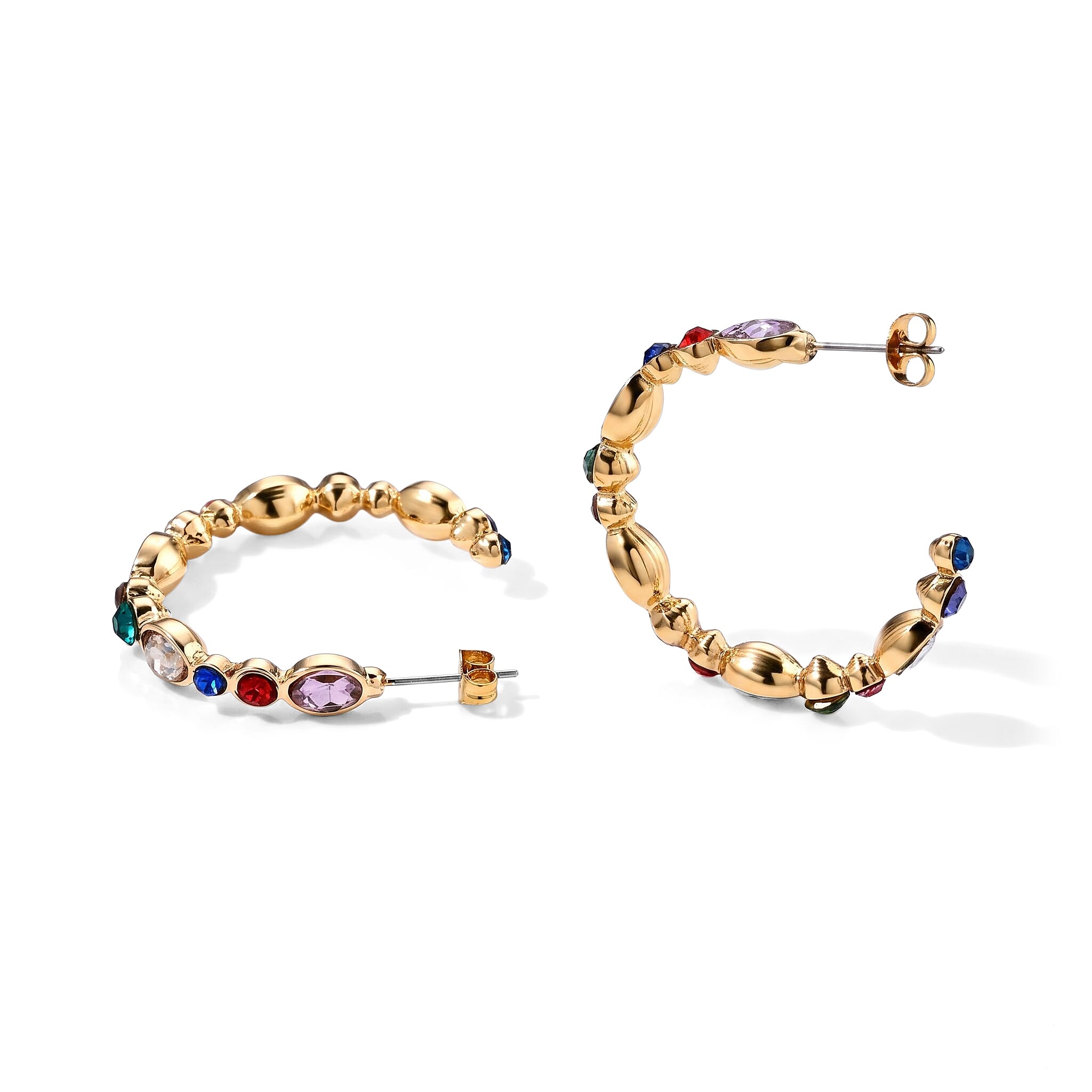 Austrian Multi Color Crystal and Multi Color Glass Earrings and Set of 3 Three Layer Bracelet (7.5In) Goldtone
