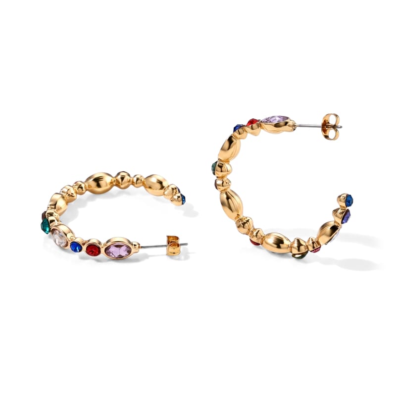Austrian Multi Color Crystal and Multi Color Glass Earrings and Set of 3 Three Layer Bracelet (7.5In) Goldtone