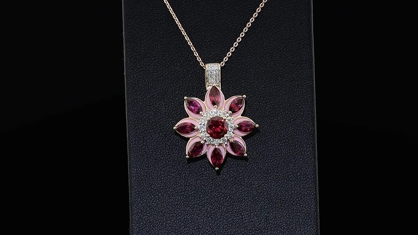D'Joy Premium Orissa Rhodolite Garnet, Moissanite Berry Bloom Halo Pendant Necklace (20 Inches) in 18K Vermeil RG Over Sterling Silver 3.75 ctw