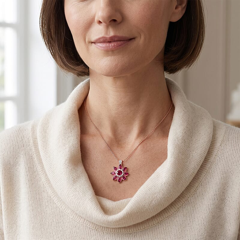 D'Joy Premium Orissa Rhodolite Garnet and Moissanite 3.75 ctw Berry Bloom Halo Pendant Necklace in 18K Vermeil Rose Gold Over Sterling Silver 20 Inches