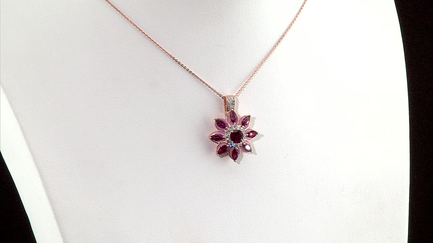 D'Joy Premium Orissa Rhodolite Garnet, Moissanite Berry Bloom Halo Pendant Necklace (20 Inches) in 18K Vermeil RG Over Sterling Silver 3.75 ctw