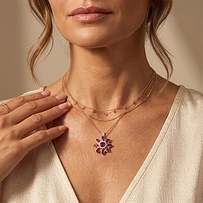 D'Joy Premium Orissa Rhodolite Garnet and Moissanite 3.75 ctw Berry Bloom Halo Pendant Necklace in 18K Vermeil Rose Gold Over Sterling Silver 20 Inches