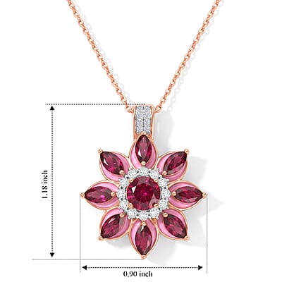 D'Joy Premium Orissa Rhodolite Garnet and Moissanite 3.75 ctw Berry Bloom Halo Pendant Necklace in 18K Vermeil Rose Gold Over Sterling Silver 20 Inches