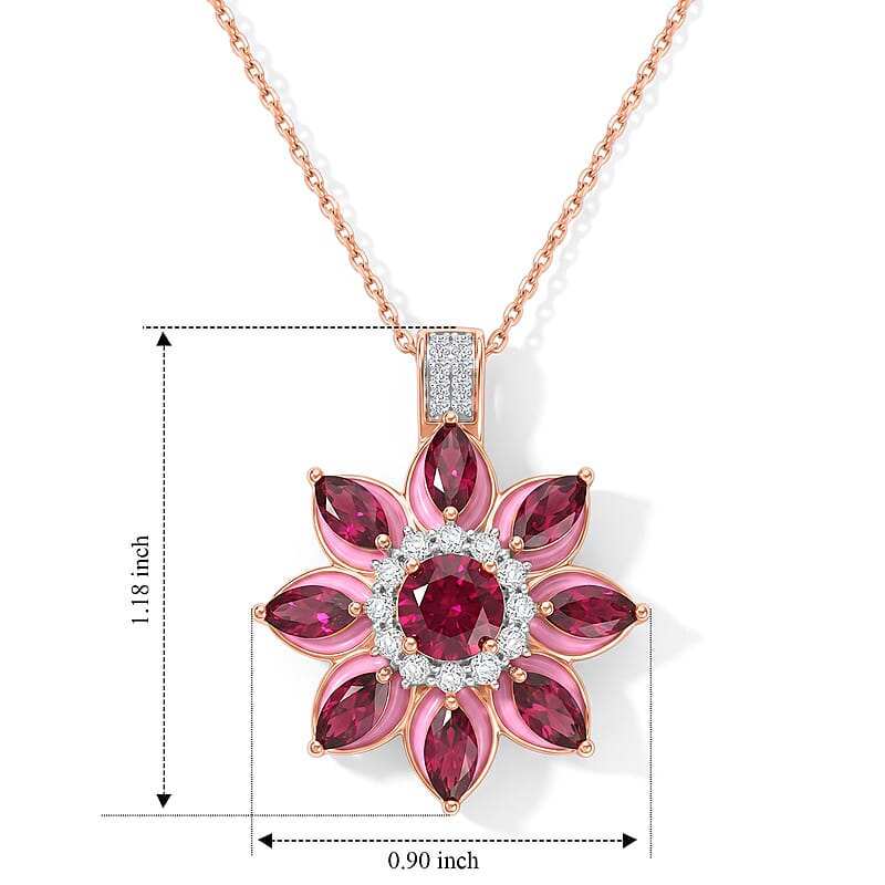 D'Joy Premium Orissa Rhodolite Garnet and Moissanite 3.75 ctw Berry Bloom Halo Pendant Necklace in 18K Vermeil Rose Gold Over Sterling Silver 20 Inches