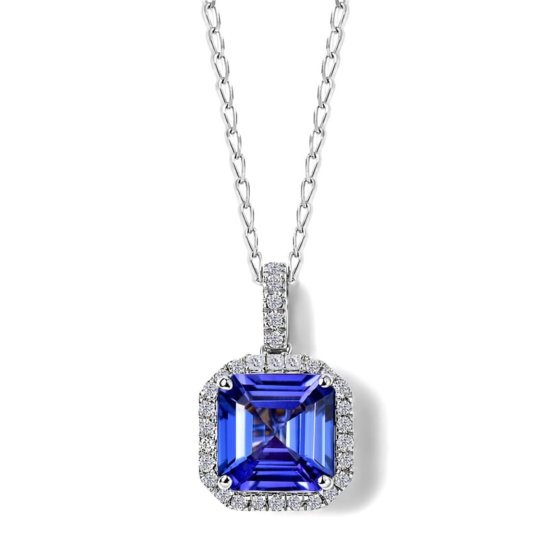 Certified & Appraised Rhapsody AAAA Asscher Cut Tanzanite and Diamond E-F VS 3.87 ctw Pendant Necklace in 950 Platinum (18 Inches)