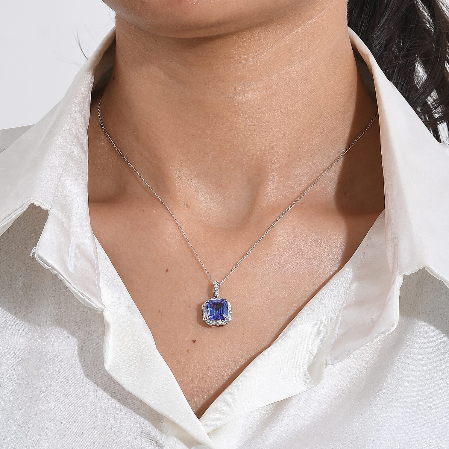 Certified & Appraised Rhapsody AAAA Asscher Cut Tanzanite and Diamond E-F VS 3.87 ctw Pendant Necklace in 950 Platinum (18 Inches)