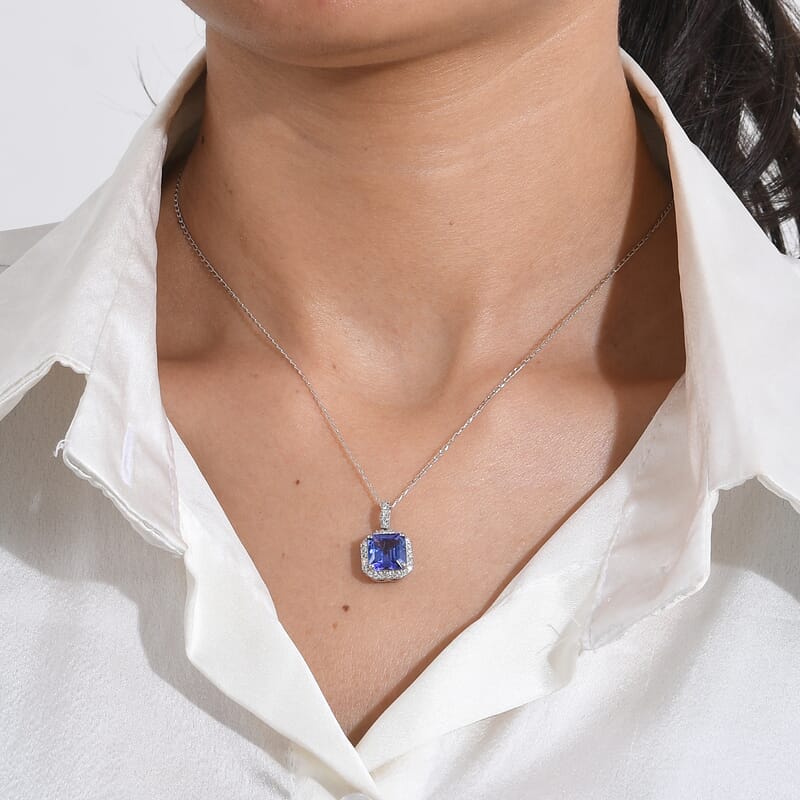 Certified & Appraised Rhapsody AAAA Asscher Cut Tanzanite and Diamond E-F VS 3.87 ctw Pendant Necklace in 950 Platinum (18 Inches)
