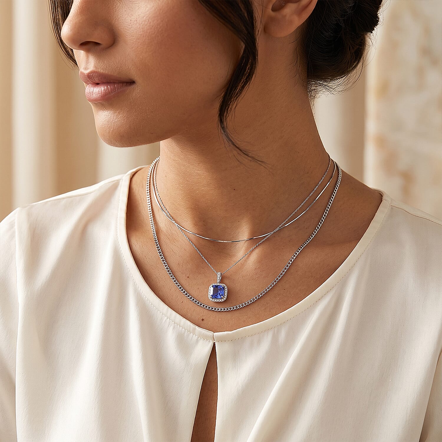 Certified & Appraised Rhapsody AAAA Asscher Cut Tanzanite and Diamond E-F VS 3.87 ctw Pendant Necklace in 950 Platinum (18 Inches)