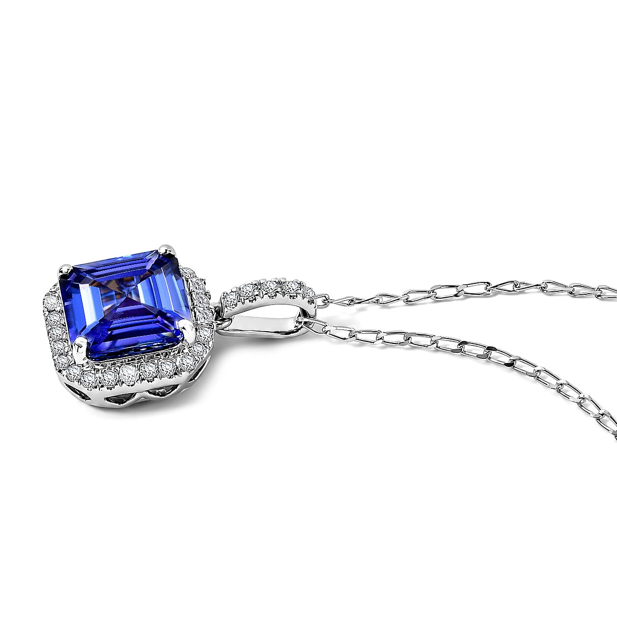 Certified & Appraised Rhapsody AAAA Asscher Cut Tanzanite and Diamond E-F VS 3.87 ctw Pendant Necklace in 950 Platinum (18 Inches)