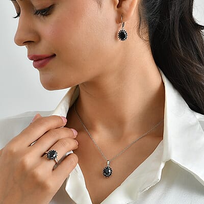 EverTrue Thai Black Spinel 11.10 ctw Earrings, Ring (Size 5) and Pendant in Platinum Bond with Stainless Steel Necklace 20 Inches