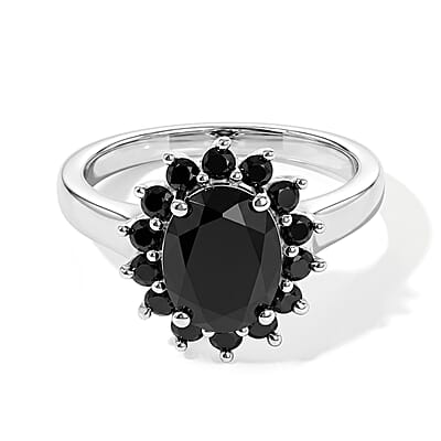 EverTrue Thai Black Spinel 11.10 ctw Earrings, Ring (Size 5) and Pendant in Platinum Bond with Stainless Steel Necklace 20 Inches
