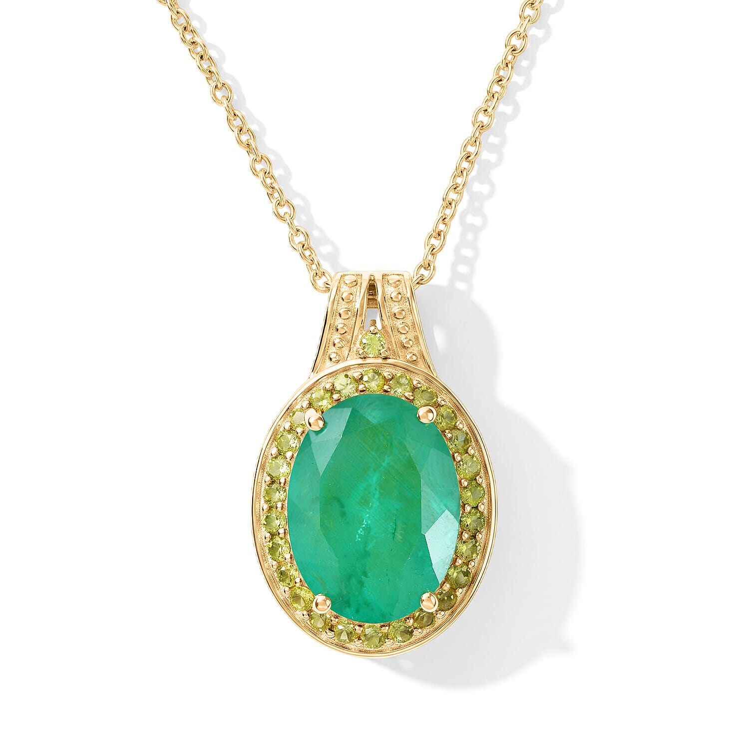 EverTrue Emeraldine Quartz (Triplet) and Hebei Peridot 10.30 ctw Pendant in 18K YG Plated with ION Plated YG Stainless Steel Necklace 20 Inches
