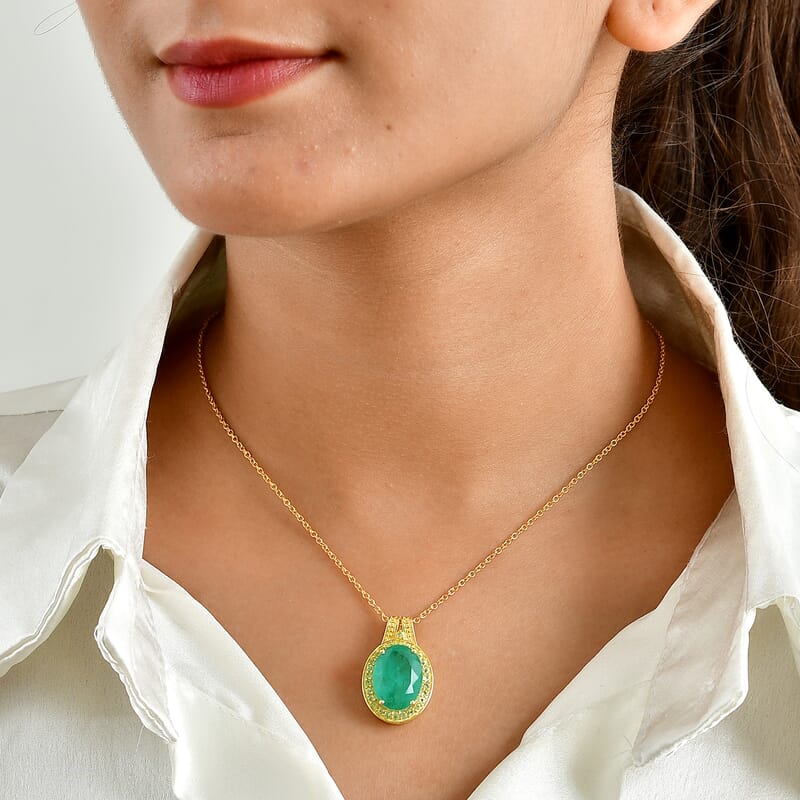 EverTrue Emeraldine Quartz (Triplet) and Hebei Peridot 10.30 ctw Pendant in 18K YG Plated with ION Plated YG Stainless Steel Necklace 20 Inches