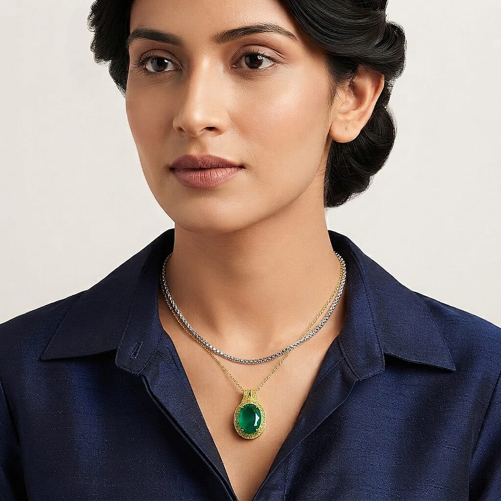 EverTrue Emeraldine Quartz (Triplet) and Hebei Peridot 10.30 ctw Pendant in 18K YG Plated with ION Plated YG Stainless Steel Necklace 20 Inches