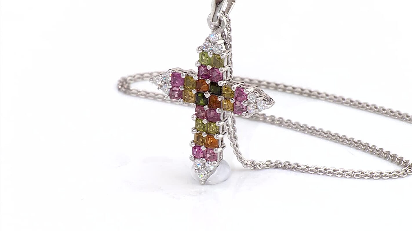 D''Joy Premium Multi-Tourmaline and Moissanite 1.70 ctw Pendant Necklace in Rhodium Over Sterling Silver 20 Inches