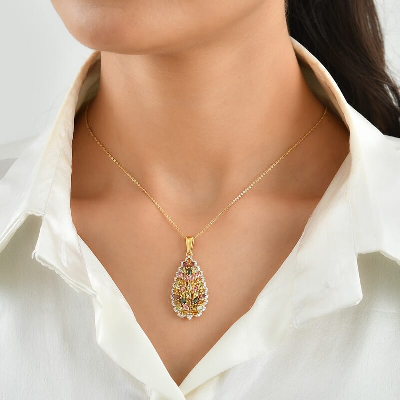 D'Joy Premium Multi-Tourmaline and Moissanite 3.65 ctw Autumn Prism Leaf Pendant Necklace in 18K Vermeil Yellow Gold Over Sterling Silver (20 Inches)