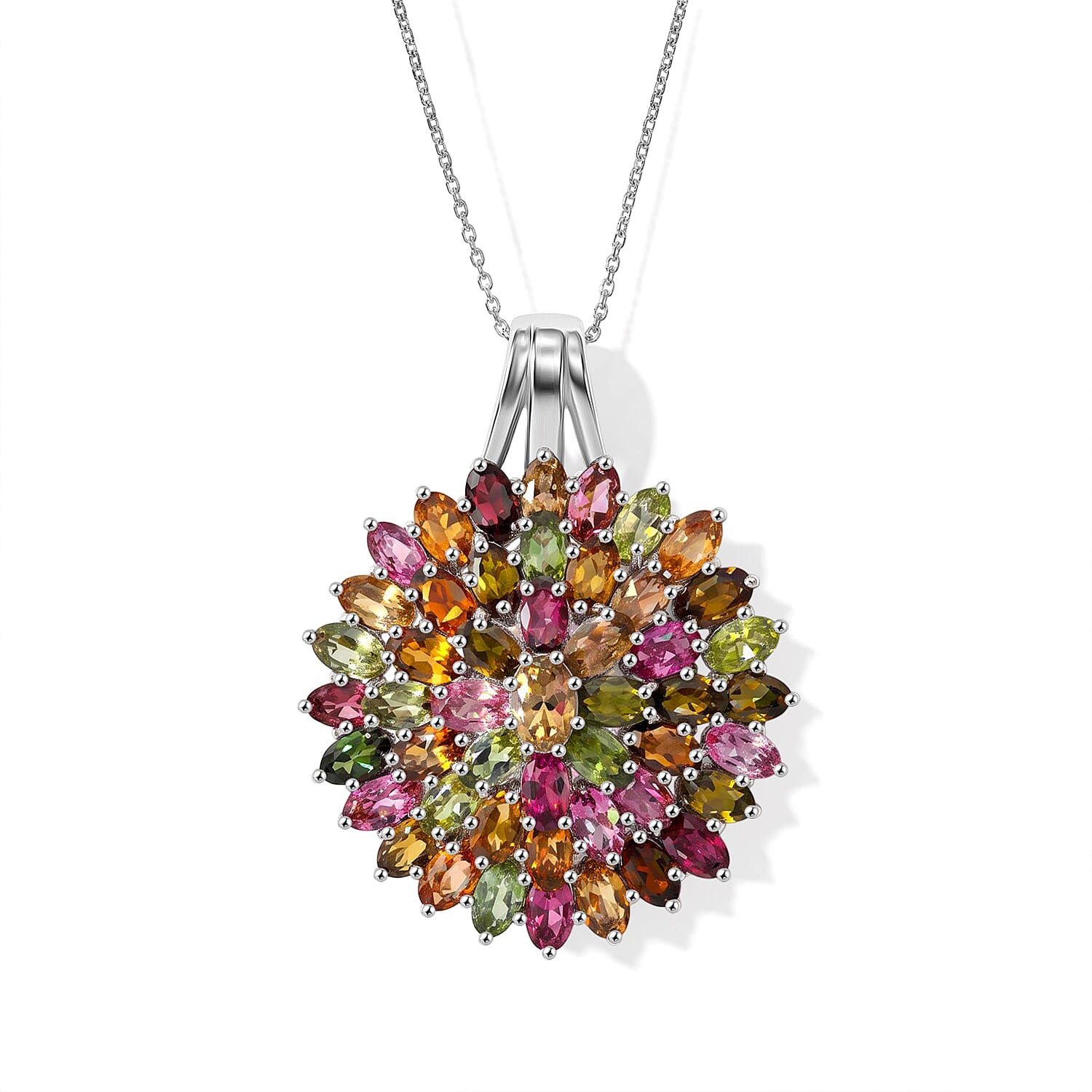 D'Joy Premium Multi-Tourmaline 11.10 ctw Rainbow Bloom Pendant Necklace in Rhodium Over Sterling Silver (18 Inches)