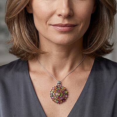 D'Joy Premium Multi-Tourmaline 11.10 ctw Rainbow Bloom Pendant Necklace in Rhodium Over Sterling Silver (18 Inches)