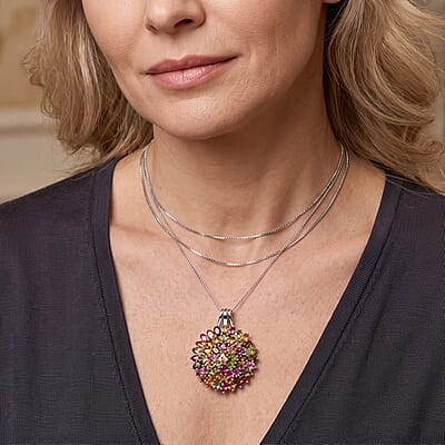 D'Joy Premium Multi-Tourmaline 11.10 ctw Rainbow Bloom Pendant Necklace in Rhodium Over Sterling Silver (18 Inches)