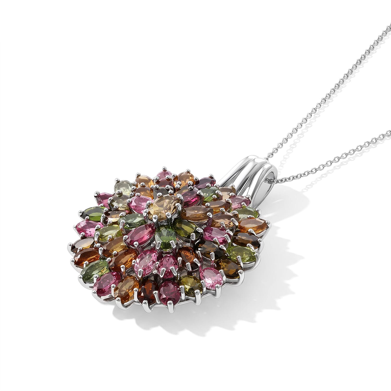 D'Joy Premium Multi-Tourmaline 11.10 ctw Rainbow Bloom Pendant Necklace in Rhodium Over Sterling Silver (18 Inches)