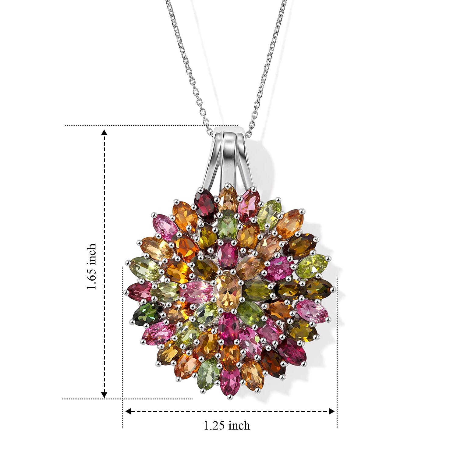 D'Joy Premium Multi-Tourmaline 11.10 ctw Rainbow Bloom Pendant Necklace in Rhodium Over Sterling Silver (18 Inches)