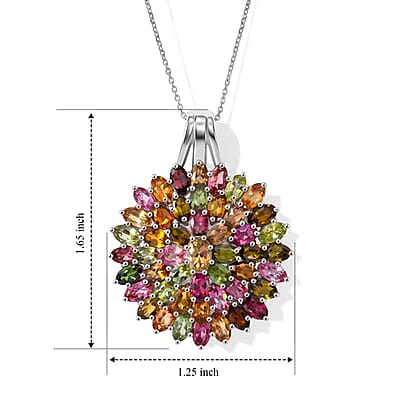 D'Joy Premium Multi-Tourmaline 11.10 ctw Rainbow Bloom Pendant Necklace in Rhodium Over Sterling Silver (18 Inches)