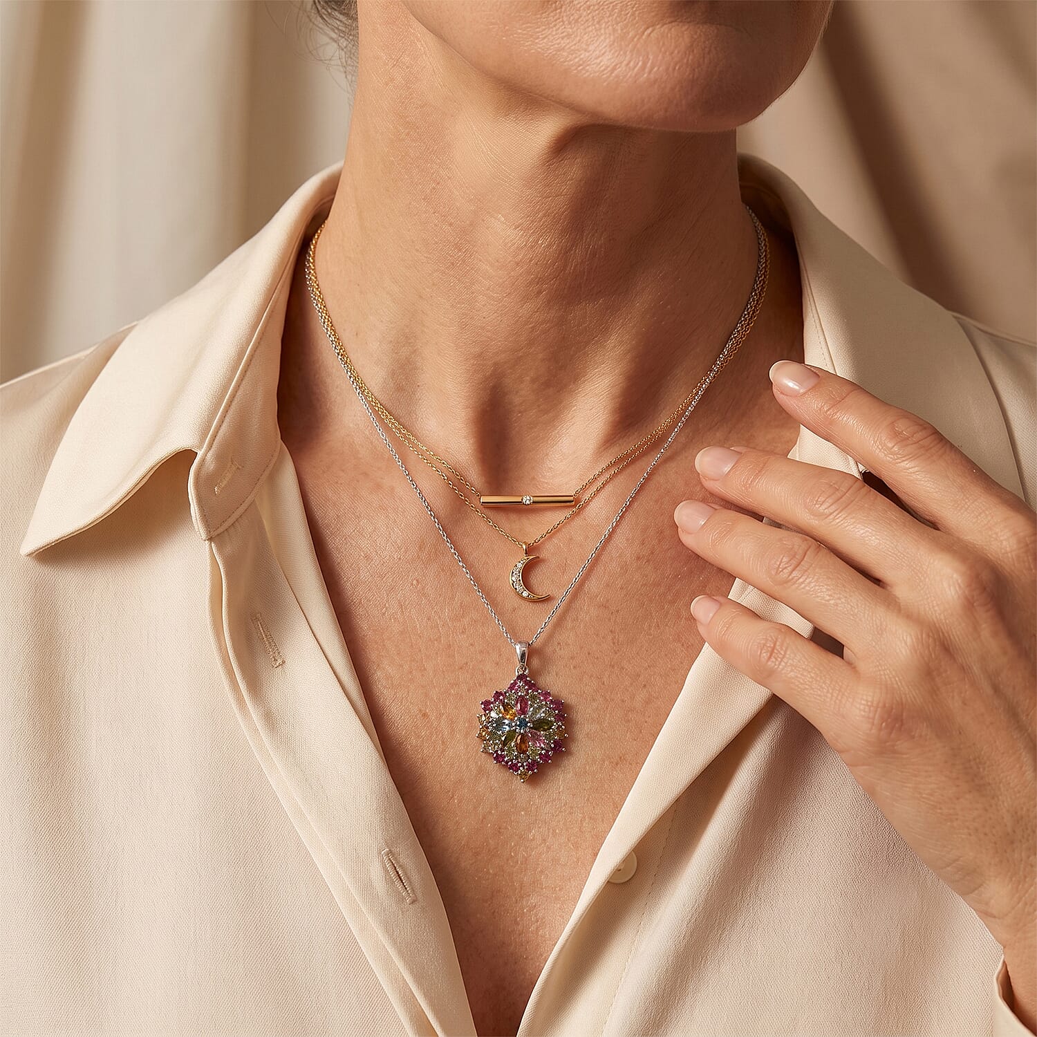 D'Joy Premium Multi-Tourmaline 2.70 ctw The Garden Bloom Pendant Necklace (18 Inches) in Rhodium Over Sterling Silver