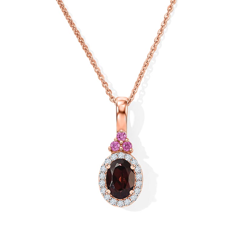 D'Joy AAA Red Zircon and Multi Gemstone 1.40 ctw Pendant Necklace in 18K Vermeil Rose Gold Over Sterling Silver 20 Inches