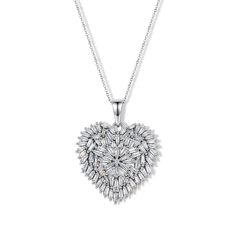 D'Joy Moissanite 2.90 ctw Radiant Heart Pendant Necklace in Rhodium Over Sterling Silver 20 Inches
