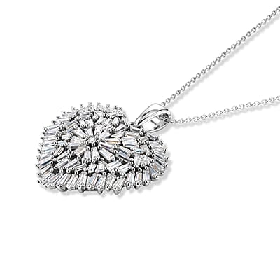 D'Joy Moissanite 2.90 ctw Radiant Heart Pendant Necklace in Rhodium Over Sterling Silver 20 Inches