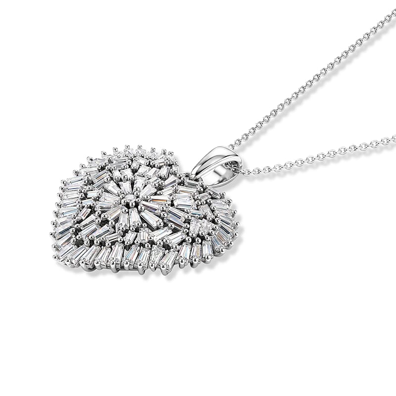 D'Joy Moissanite 2.90 ctw Radiant Heart Pendant Necklace in Rhodium Over Sterling Silver 20 Inches