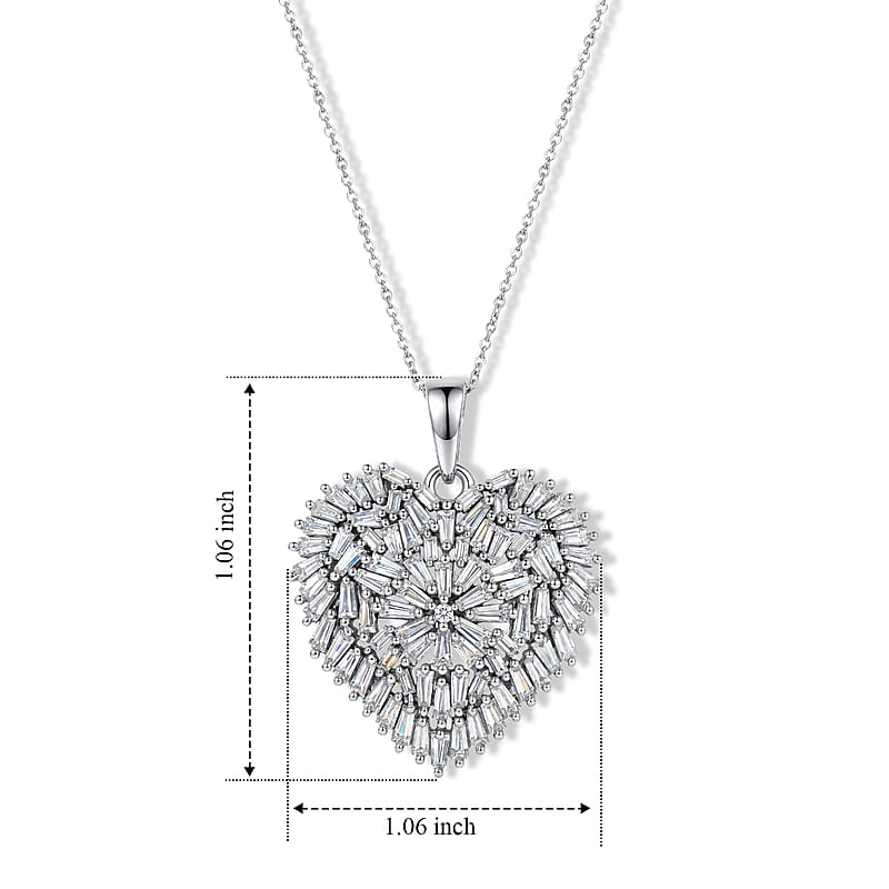 D'Joy Moissanite 2.90 ctw Radiant Heart Pendant Necklace in Rhodium Over Sterling Silver 20 Inches