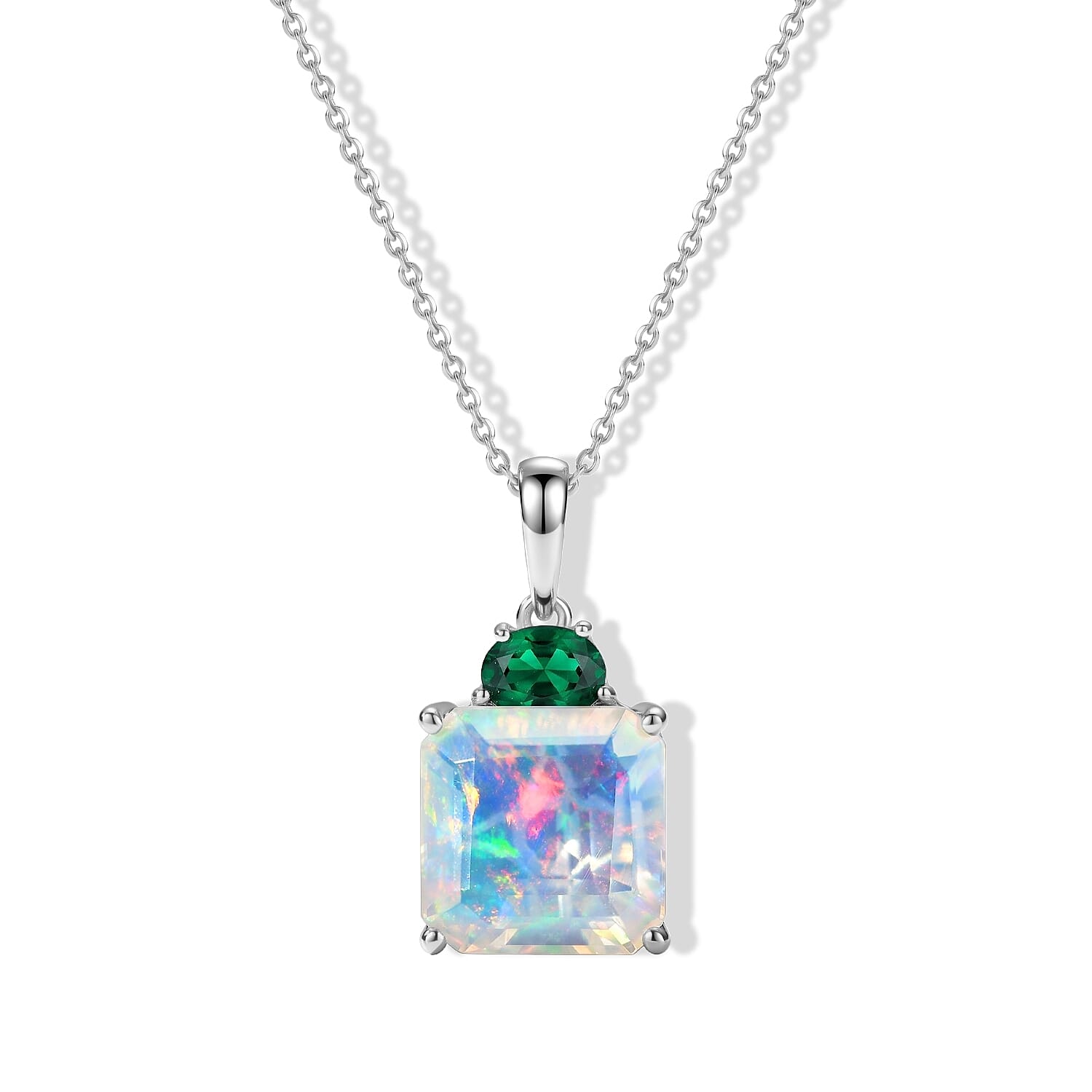 D'Joy AAA Ethiopian Welo Opal and Lab Grown Emerald 4.70 ctw Pendant Necklace (20 Inches) in Rhodium Over Sterling Silver