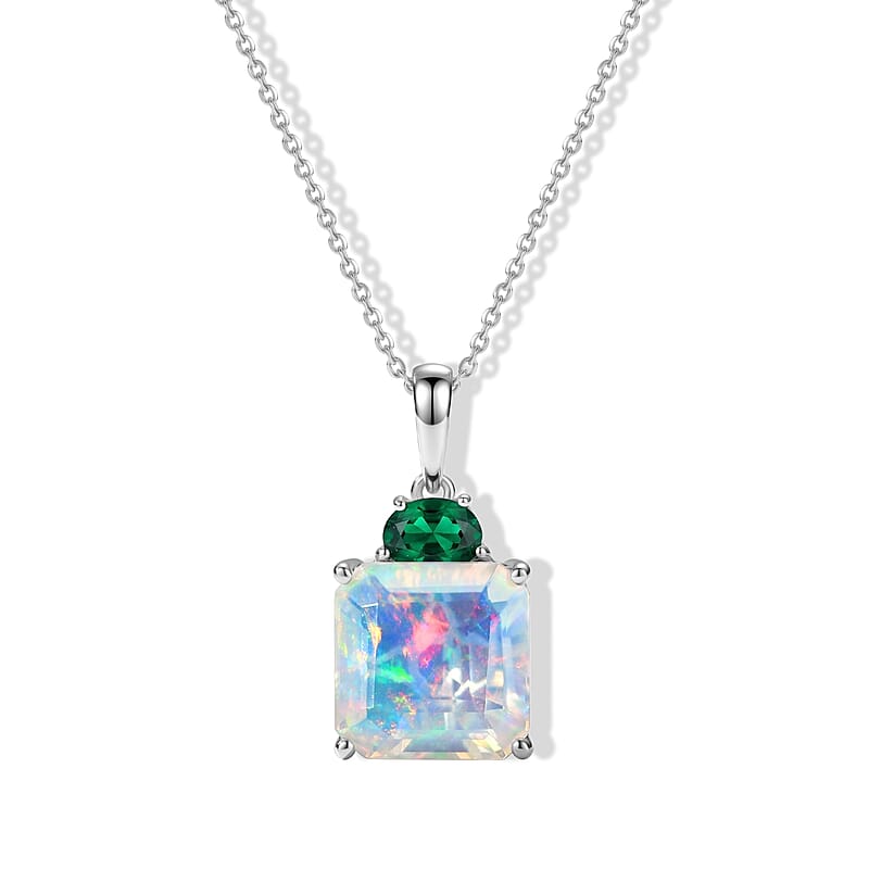 D'Joy AAA Ethiopian Welo Opal and Lab Grown Emerald 4.70 ctw Pendant Necklace (20 Inches) in Rhodium Over Sterling Silver