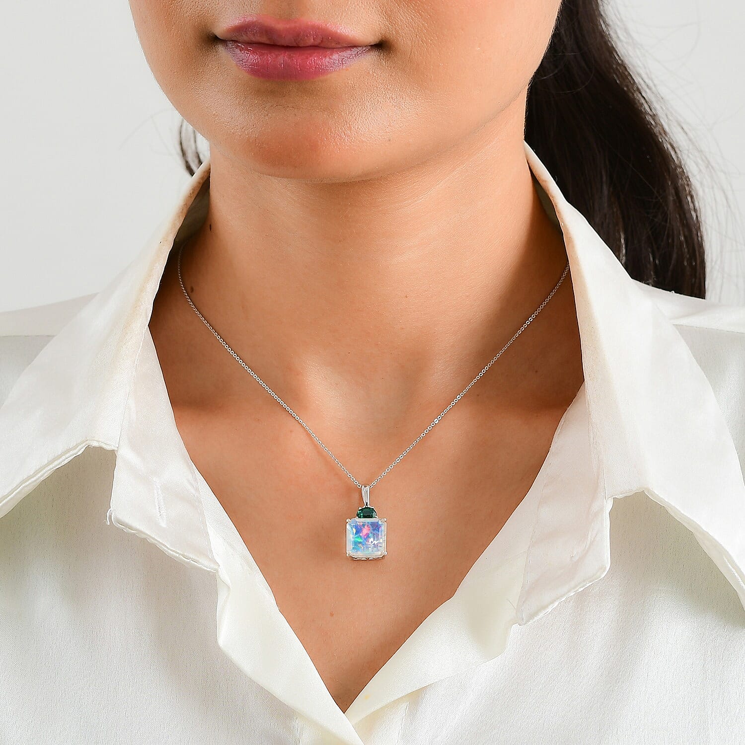 D'Joy AAA Ethiopian Welo Opal and Lab Grown Emerald 4.70 ctw Pendant Necklace (20 Inches) in Rhodium Over Sterling Silver