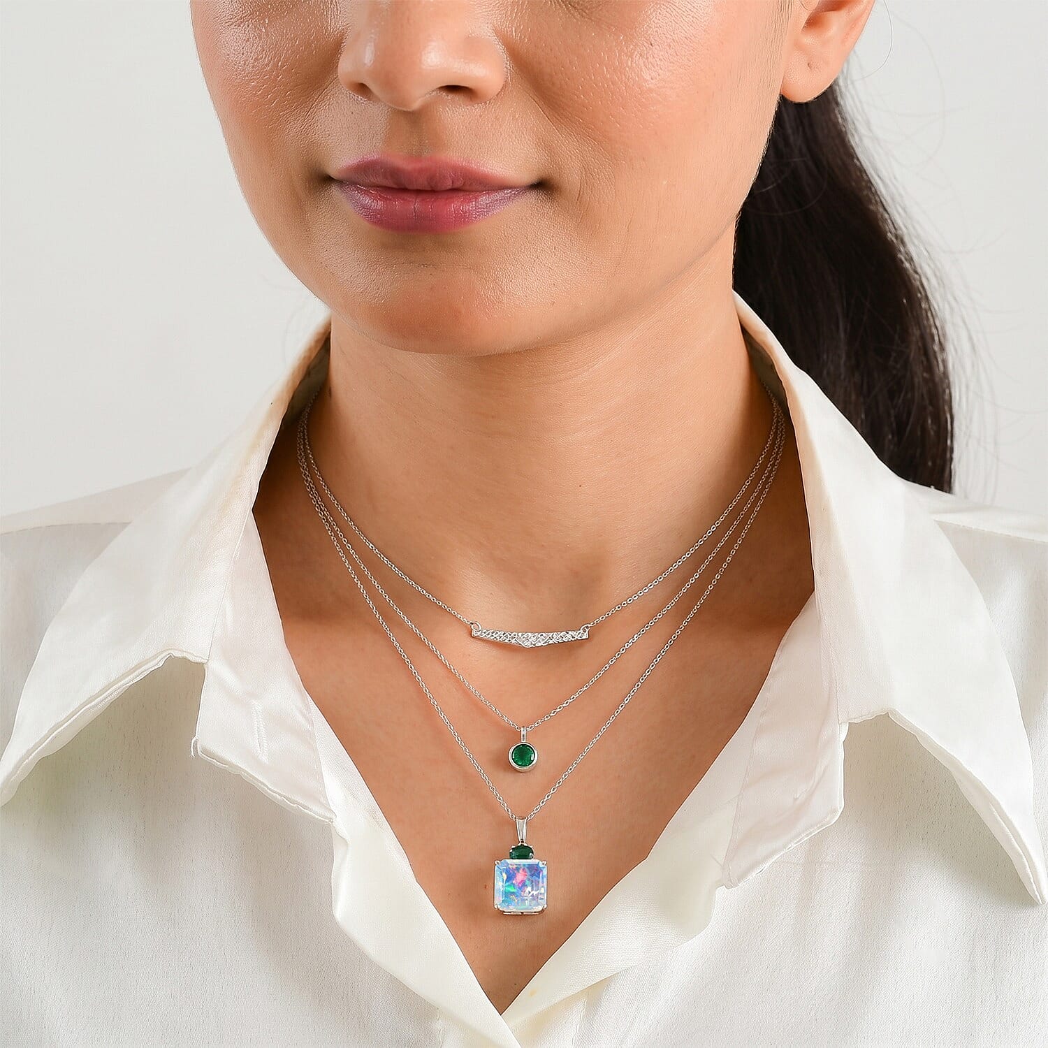 D'Joy AAA Ethiopian Welo Opal and Lab Grown Emerald 4.70 ctw Pendant Necklace (20 Inches) in Rhodium Over Sterling Silver