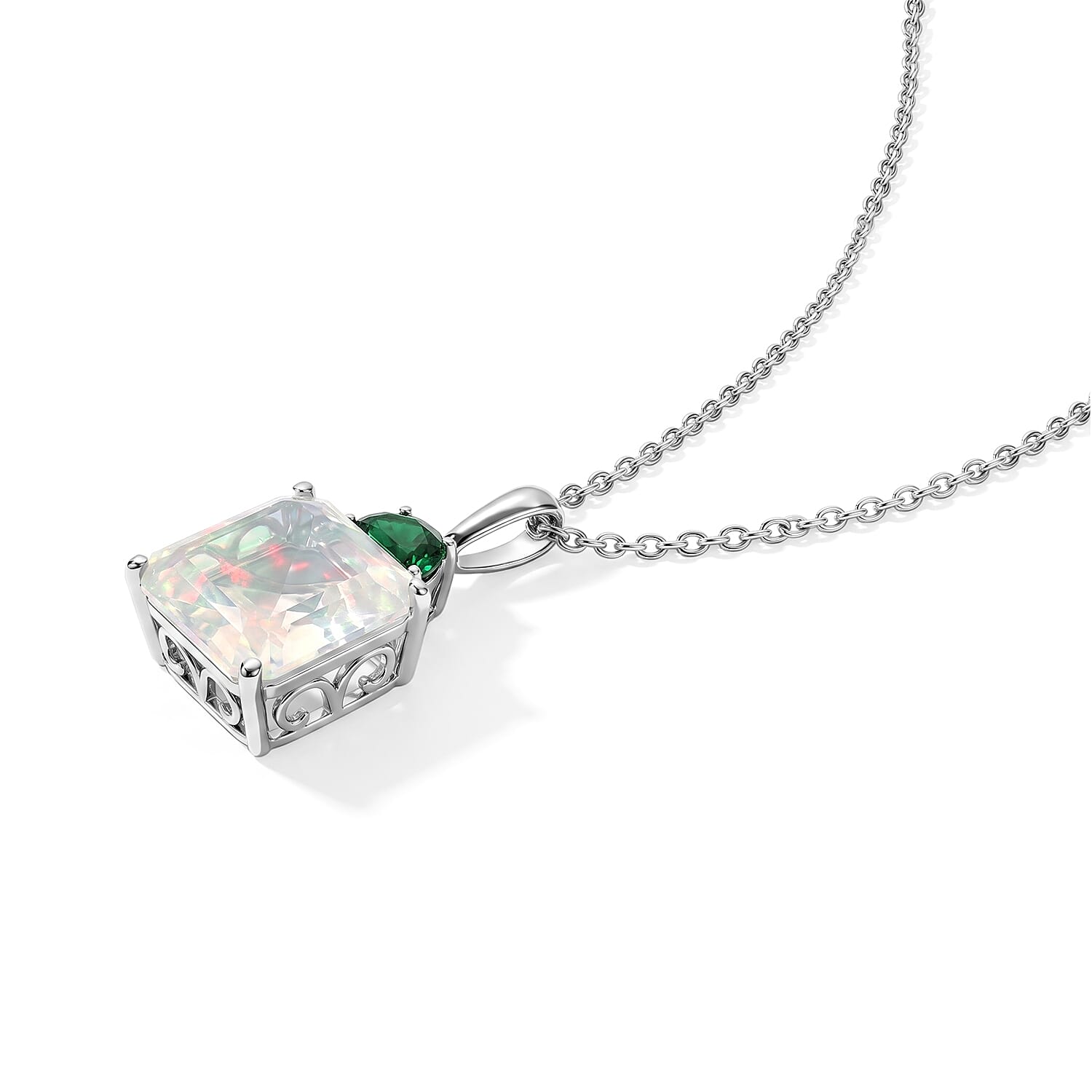 D'Joy AAA Ethiopian Welo Opal and Lab Grown Emerald 4.70 ctw Pendant Necklace (20 Inches) in Rhodium Over Sterling Silver