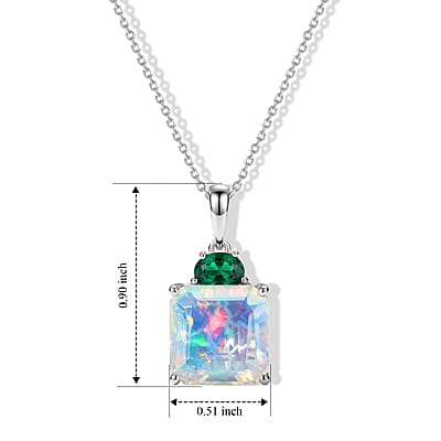 D'Joy AAA Ethiopian Welo Opal and Lab Grown Emerald 4.70 ctw Pendant Necklace (20 Inches) in Rhodium Over Sterling Silver