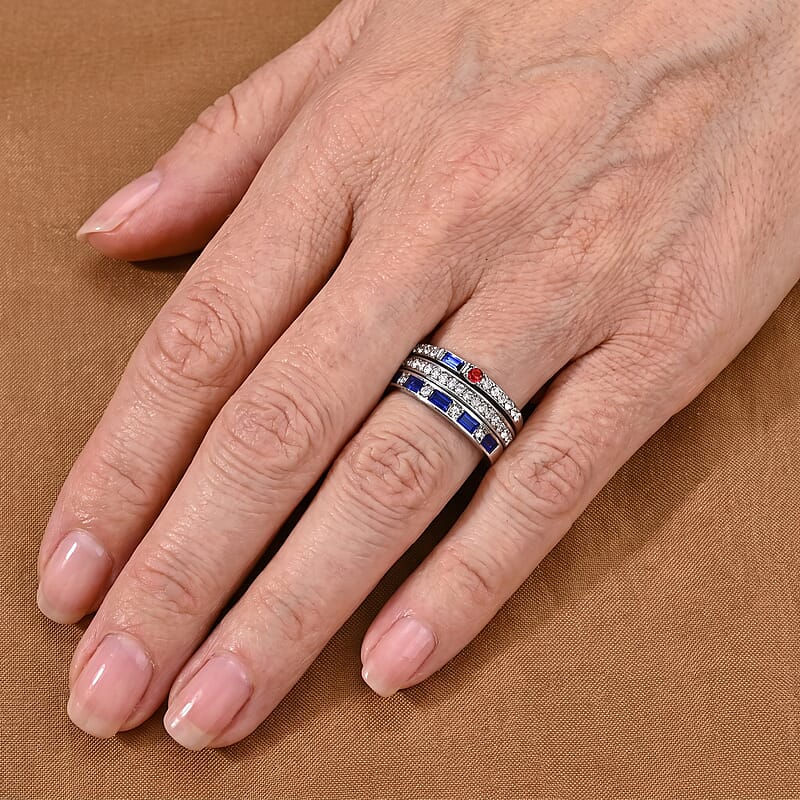 Multi Color Austrian Crystal Set of 3 Ring in Silvertone (Size 6.0)