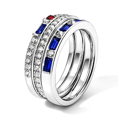 Multi Color Austrian Crystal Set of 3 Stackable Band Ring in Silvertone (Size 6.0)
