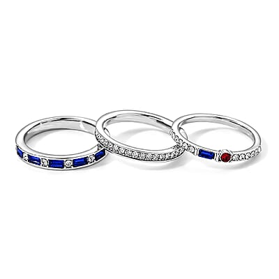 Multi Color Austrian Crystal Set of 3 Stackable Band Ring in Silvertone (Size 6.0)
