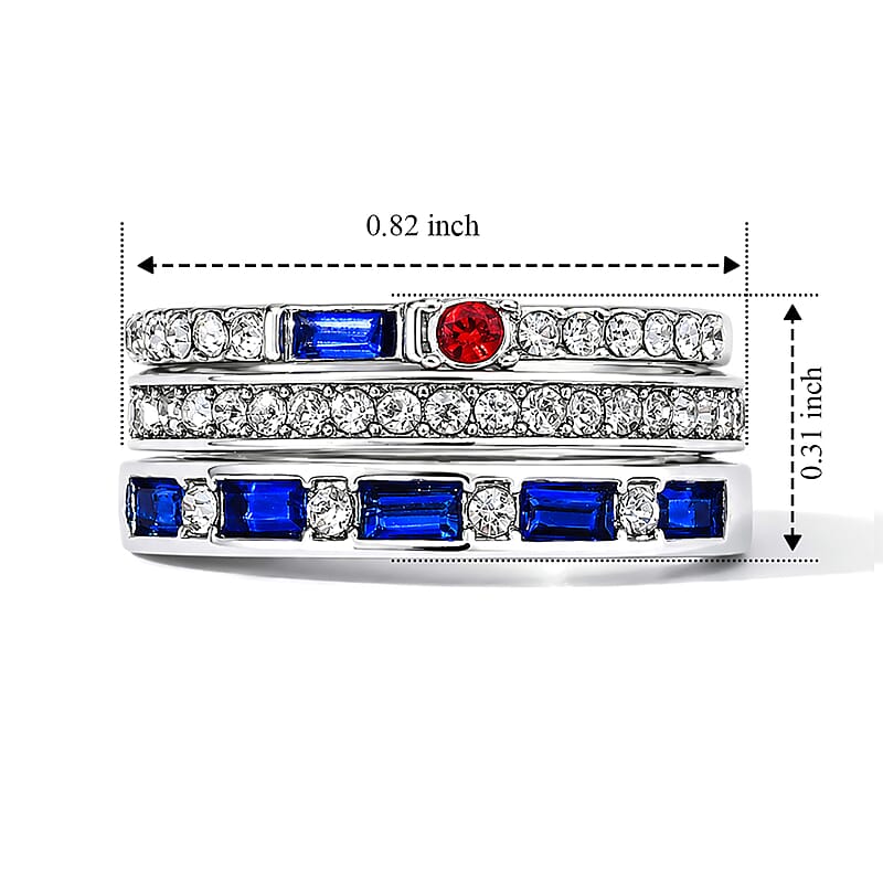 Multi Color Austrian Crystal Set of 3 Ring in Silvertone (Size 6.0)