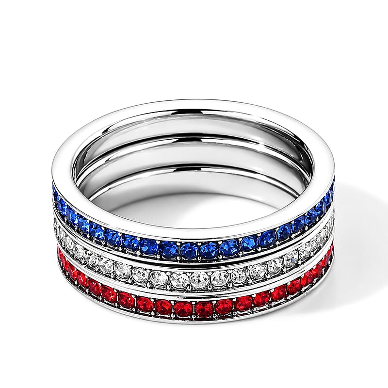 Blue, Red and White Austrian Crystal Set of 3 Eternity Band Ring in Silvertone (Size 6.0)