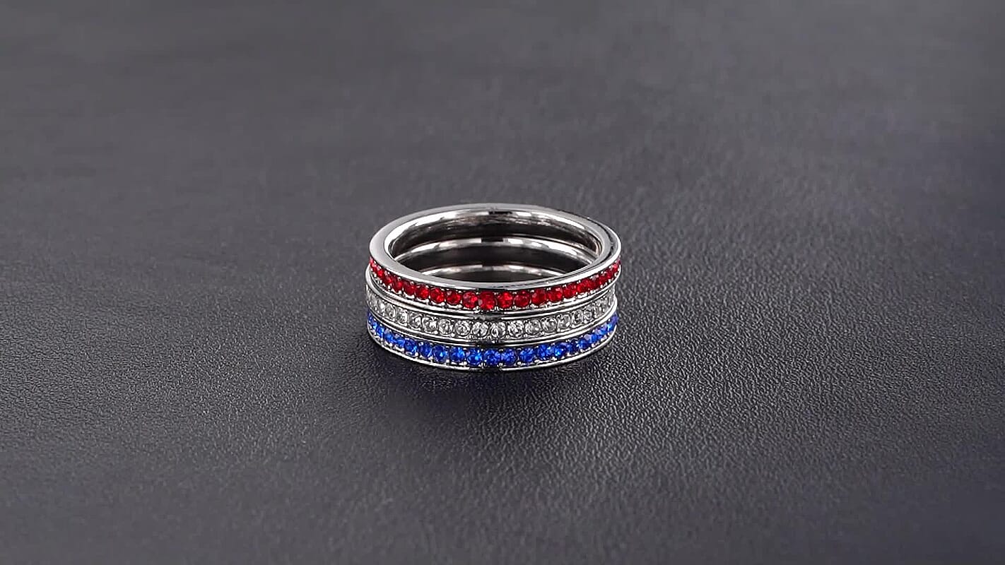 Blue, Red and White Austrian Crystal Set of 3 Eternity Band Ring in Silvertone (Size 6.0)