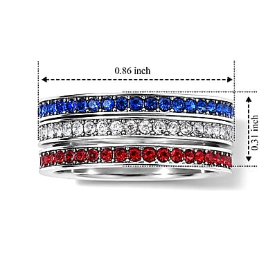 Blue, Red and White Austrian Crystal Set of 3 Eternity Band Stackable Ring in Silvertone (Size 7.0)