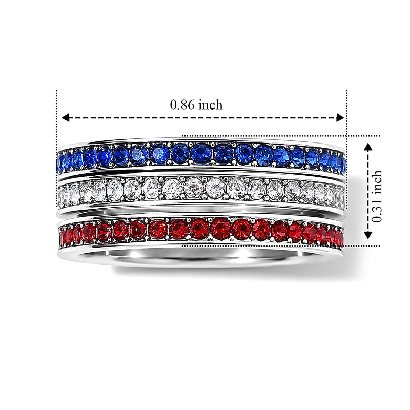 Blue, Red and White Austrian Crystal Set of 3 Eternity Band Stackable Ring in Silvertone (Size 7.0)