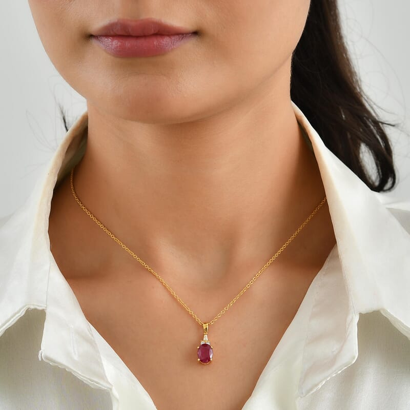 EverTrue Niassa Ruby (FF) and Moissanite 2.65 ctw Majestic Spectrum Pendant in 18K YG Plated with ION Plated YG Stainless Steel Necklace 20 Inches