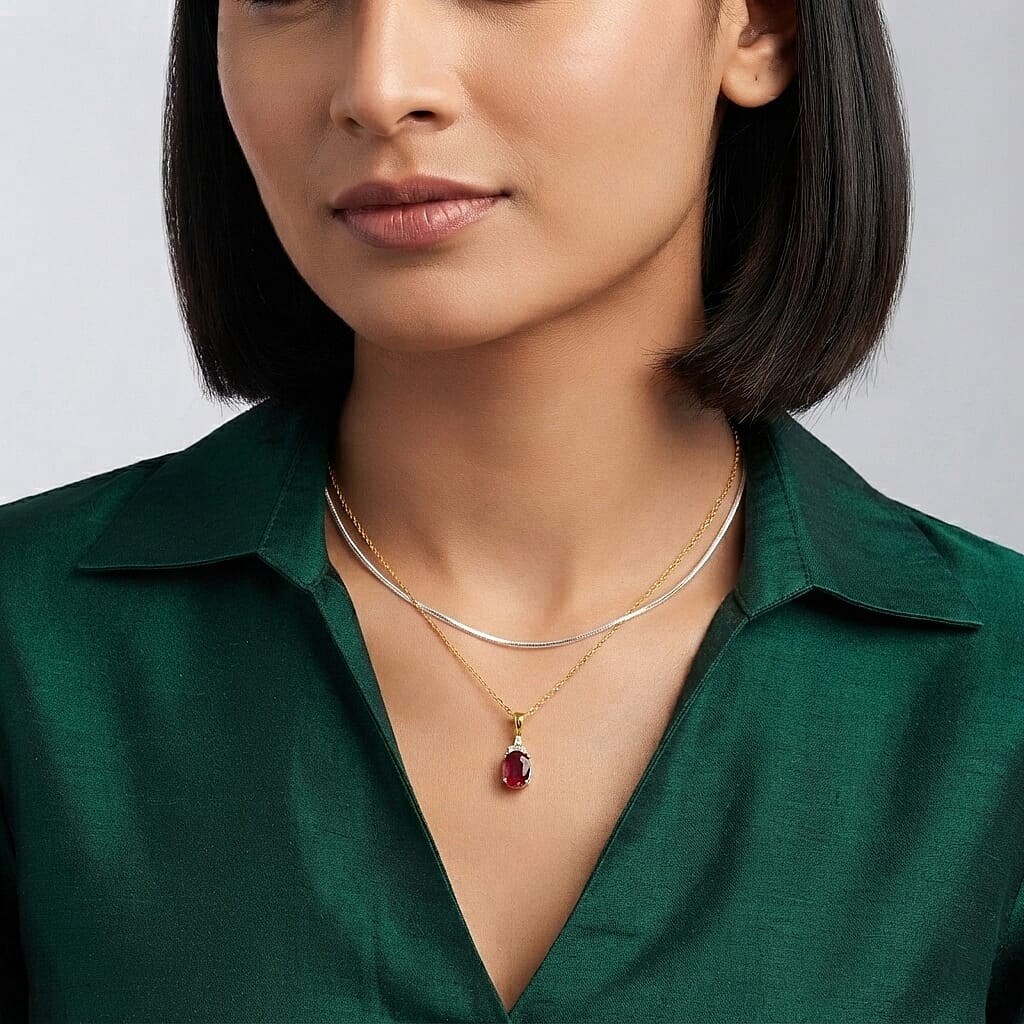 EverTrue Niassa Ruby (FF) and Moissanite 2.65 ctw Pendant in 18K YG Plated with ION Plated YG Stainless Steel Necklace 20 Inches