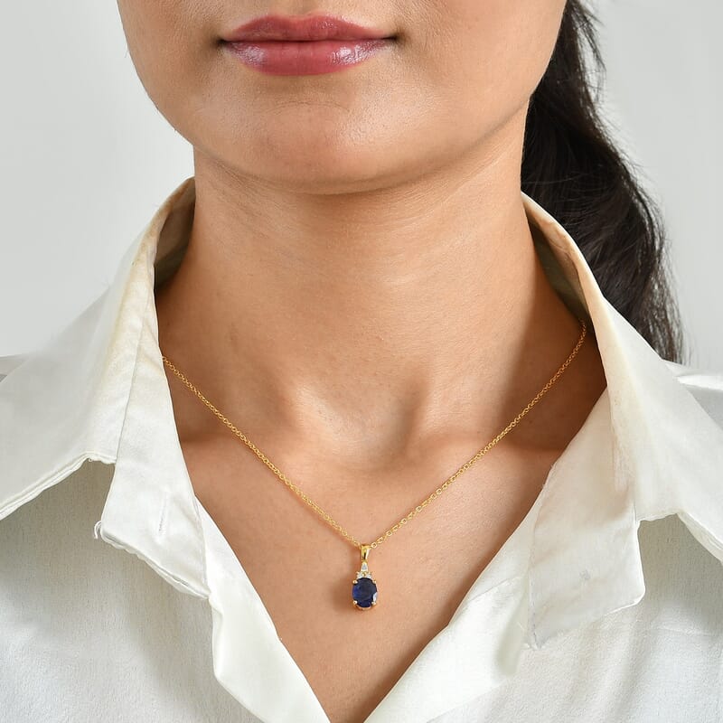 EverTrue Masoala Sapphire (D) and Moissanite 2.65 ctw Majestic Spectrum Pendant in 18K YG Plated with ION Plated YG Stainless Steel Necklace 20 Inches