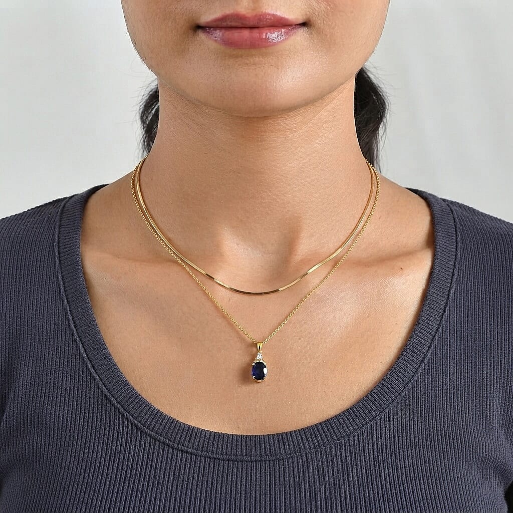 EverTrue Masoala Sapphire (D) and Moissanite 2.65 ctw Majestic Spectrum Pendant in 18K YG Plated with ION Plated YG Stainless Steel Necklace 20 Inches